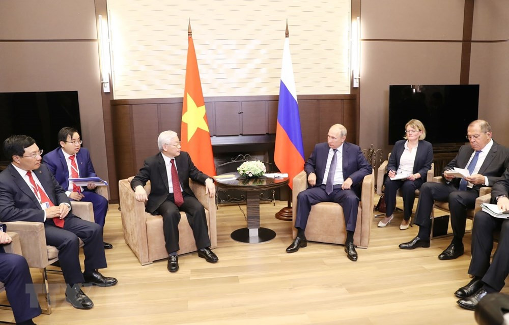 Tổng Bí thư Nguyễn Phú Trọng hội đàm với Tổng thống Liên bang Nga Vladimir Putin. (Ảnh: Trí Dũng/TTXVN).