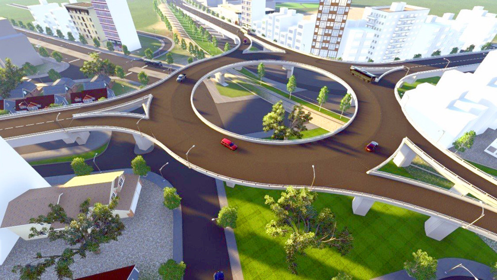 Theo thiết kế, dự án có 4 nhánh cầu vượt, lần lượt theo hướng đường 23/10, 19/5 và nhánh kết nối với vành đai 2. Trong ảnh là phối cảnh dự án nút giao thông Ngọc Hội.