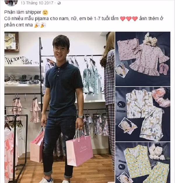 Trong những bài viết được đăng tải vào cuối năm 2017, Duy Mạnh cho biết mình là "phận làm shipper" và liên tục quảng cáo những mẫu quần áo ngủ cho cả nam, nữ và các em bé.