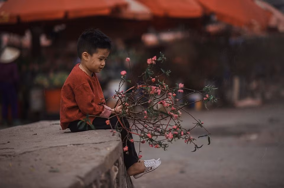 Bộ ảnh nói về kỷ niệm ngày Tết của hai cha con nghèo và niềm vui của cu cậu chỉ là cành hoa đào ngày Tết cho có cái để khoe với bạn bè.