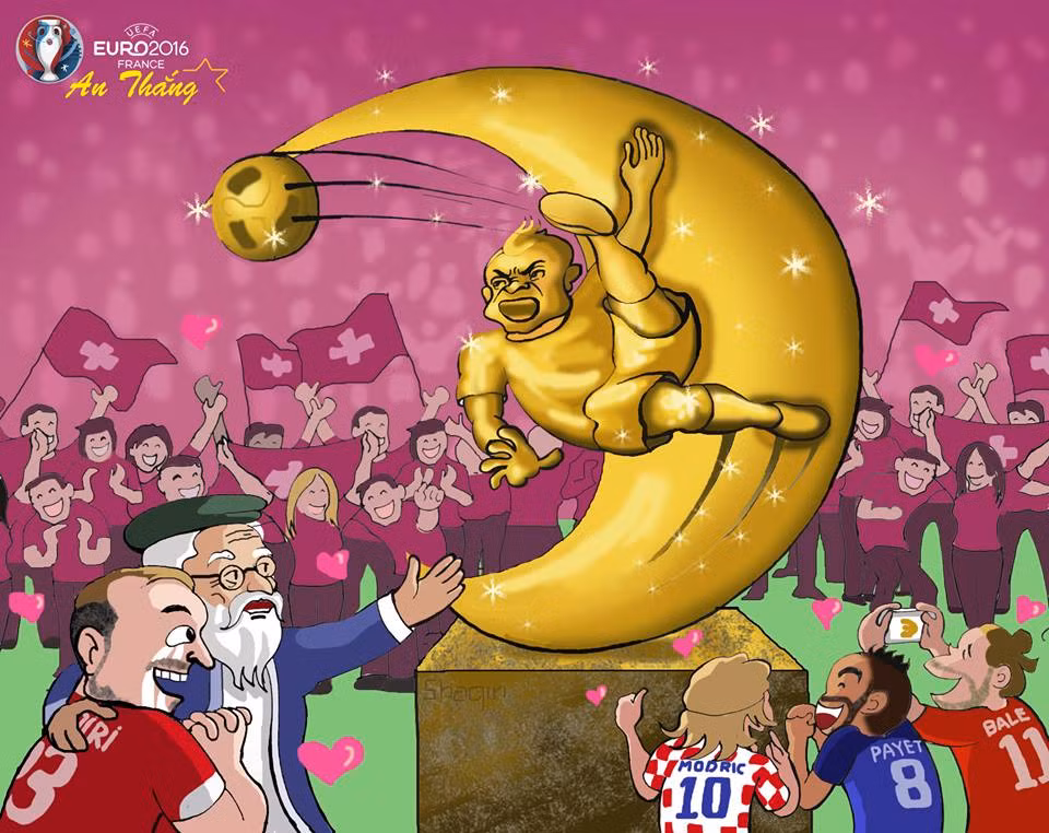 Nghệ sĩ vẽ tranh biếm họa An Thắng là cái tên không còn xa lạ với NHM thể thao Việt Nam. Anh chàng này từng rất nổi tiếng với những bức tranh đầy màu sắc. Mới đây, chàng họa sĩ đến từ Hưng Yên này tô điểm thêm cho Euro 2016 bằng những bức tranh biếm họa vô cùng hài hước.