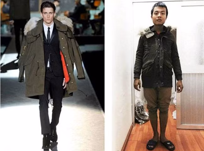Anh chàng người mẫu nọ cao to còn anh chàng mua hàng và mặc đồ thực tế thì khá mập và có vẻ hơi thấp. Nhưng khi cùng một bộ đồ mà 2 số phận, người khỏe khoắn, nam tính, lại phong cách còn người thì lại như đàn bà con gái mặc jum, vừa rộng vừa dài đến là buồn cười.