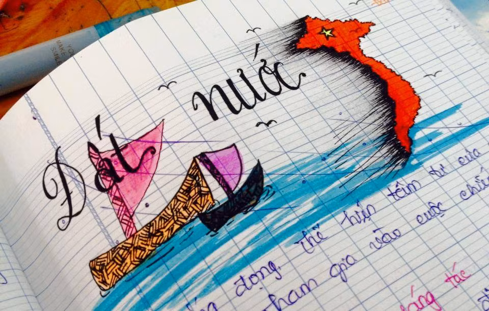 Với bài thơ "Đất nước" của nhà thơ Nguyễn Khoa Điềm, Trúc Đào đã vẽ hình bản đồ Việt Nam để minh họa cho bài ghi của mình.