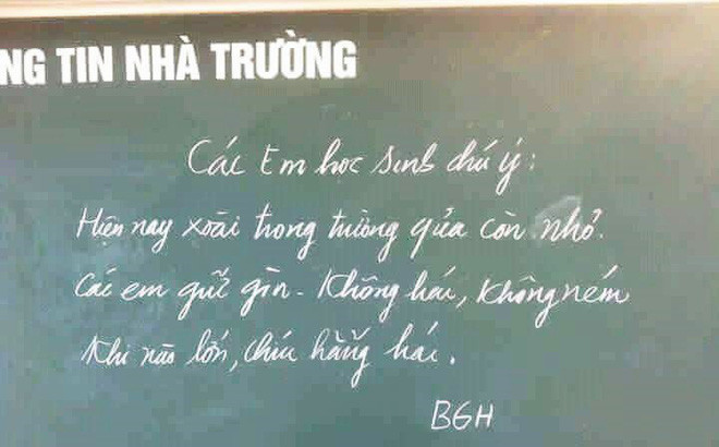 Mới đây, trên mạng xã hội, tấm bảng không thông báo về các hoạt động văn-thể-mỹ của trường mà tập trung nhắc nhở các em học sinh về hành động vặt trộm xoài đã thu hút sự chú ý của cộng đồng mạng