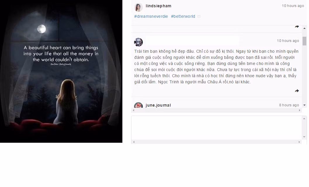 Phụ nữ hở như thế nào là đẹp mà nhiều người còn chẳng biết... Nhiều người đang chỉ thấy cái trước mắt mà lãng quên tương lai, nhìn vào lớp trẻ đang lớn và học theo những thứ "đẹp" ảo đó. Các bạn thấy sai nhưng sợ số đông nên im lặng". Lindsie Phạm cho hay.