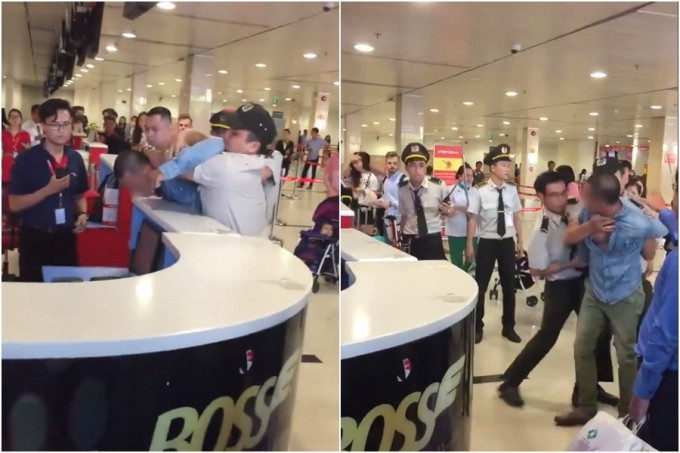 Quá tức giận, nam hành khách lao vào đánh nữ nhân viên ngay lập tức bị lực lượng an ninh sân bay chạy lại khống chế.