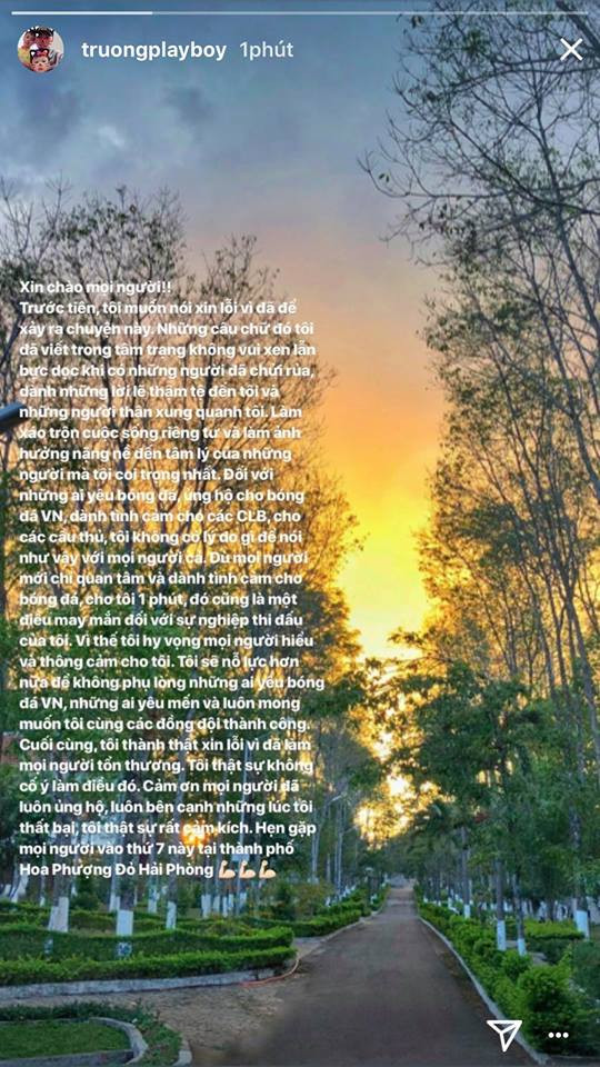 Lời xin lỗi của Xuân Trường sau bức tâm thư bằng tiếng Anh.