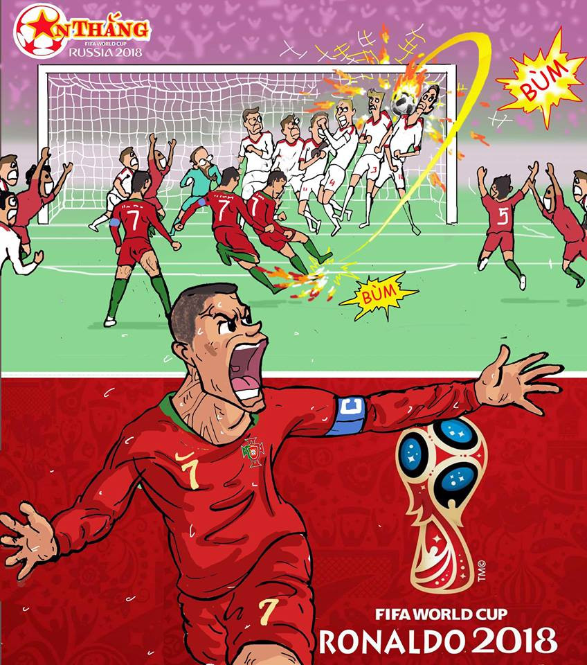 Cú sút phạt của Ronaldo trong trận "derby bán đảo Iberia" qua nét vẽ của chàng họa sĩ người Hưng Yên.