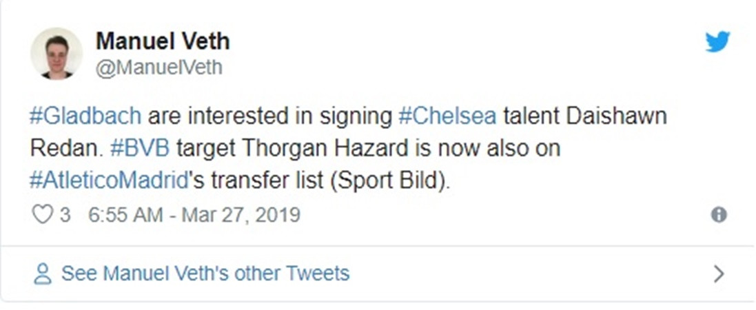 Borussia Monchengladbach đang muốn tiếp tục mượn tài năng trẻ của Chelsea - Daishawn Redan. Bên cạnh đó là bản hợp đồng mua đứt nếu có màn thể hiện tốt.