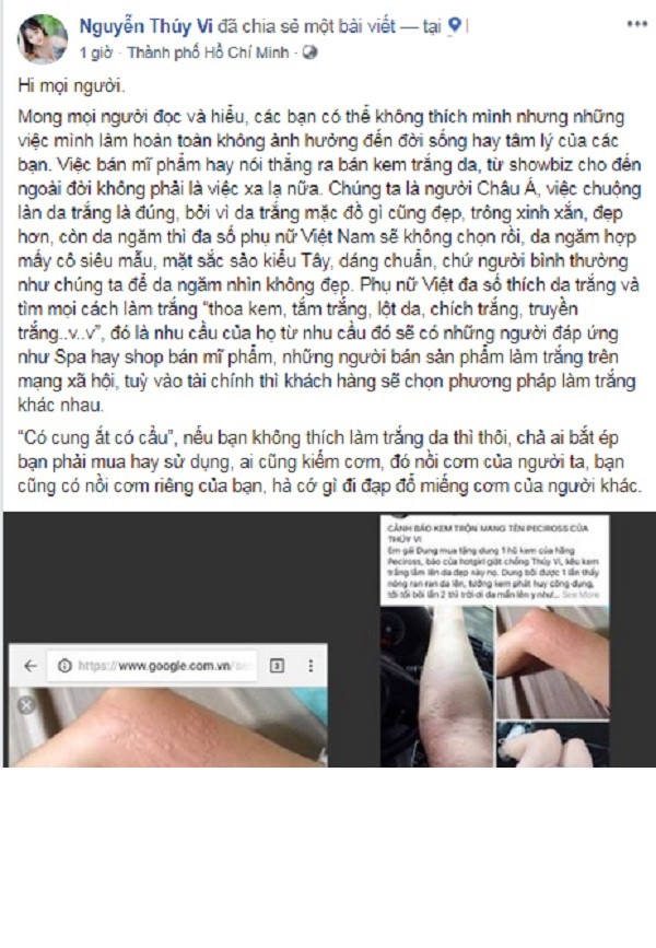 D. cho biết, cô bôi kem được 1 lần thấy da nóng ran, bôi tiếp tới lần thứ 2 thì da bị nổi mề đay nên cô đã gọi điện, nhắn tin cho bên Thúy Vi để thắc mắc nhưng không nhận được phản hồi.