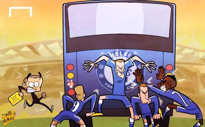 Các cầu thủ Chelsea cố gắng xây dựng chiếc xe buýt hai tầng của mình trước khung thành của Courtois.