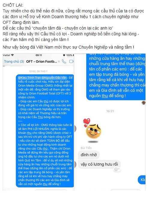 Phía công ty Orion Football Total nói về bản báo giá.