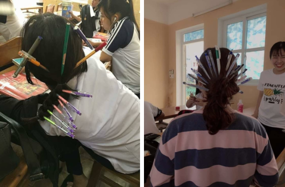 Các bạn trẻ đã cùng nhau sáng tạo ra những kiểu tóc trong hậu cung không thể chất hơn. Chẳng cần phải búi tóc hay tết sam, các bạn học sinh chỉ cần cắm bút bi là đã trở thành cung tần mỹ nữ ngay trong lớp học của mình.