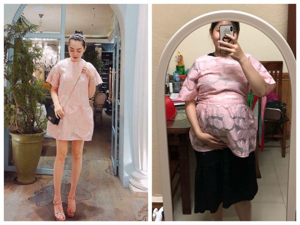 Cẩm Nhung (bên phải) và chiếc váy bầu vừa được tặng.