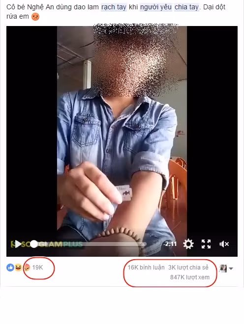 Có vẻ việc chàng người người yêu kiên quyết chia tay khiến P.N tổn thương và quyết định níu kéo bằng cách tiêu cực. Em quay clip tự rạch tay rồi đăng lên mạng.