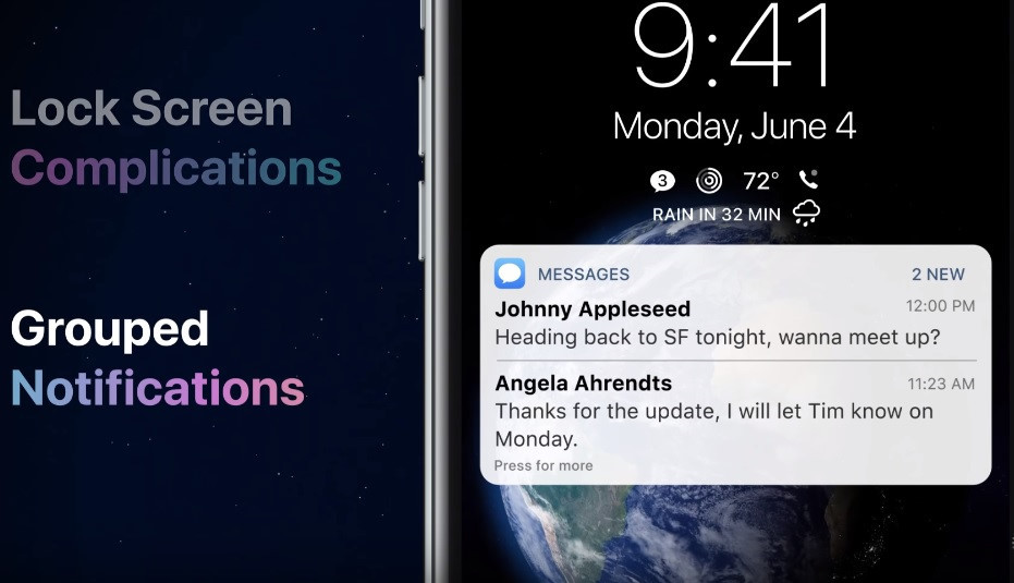 Ngoài ra còn một số tính năng nổi bật khác bao gồm những thay đổi về thông báo complication trên màn hình khóa, tương tự WatchOS trên Apple Watch và thông báo nhóm.