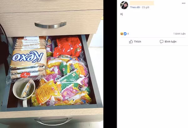 Một nữ nhân viên văn phòng đã đăng tấm hình hộc tủ cá nhân tại công ty. Tủ đồ đầy ắp đồ ăn vặt: bim bim, bánh giòn, xúc xích… kèm dòng trạng thái tìm những người chung sở thích.