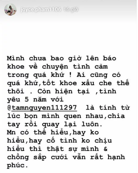 Mới đây, trên Story của Instagram, Minh Anh bất ngờ đăng một status tâm sự về chuyện tình cảm của mình. Không biết nguồn cơn nào dẫn đến dòng tâm sự có phần "bức xúc" của cô, nhưng điều dân tình chú ý nhất chính là việc Minh Anh gọi bạn trai là "chồng sắp cưới".