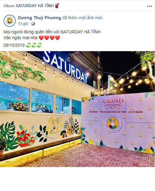 Mới đây trên trang cá nhân, Thùy Phương chia sẻ hình ảnh về quán trà chanh mang tên Saturday mới khai trương của mình khiến nhiều người chú ý.