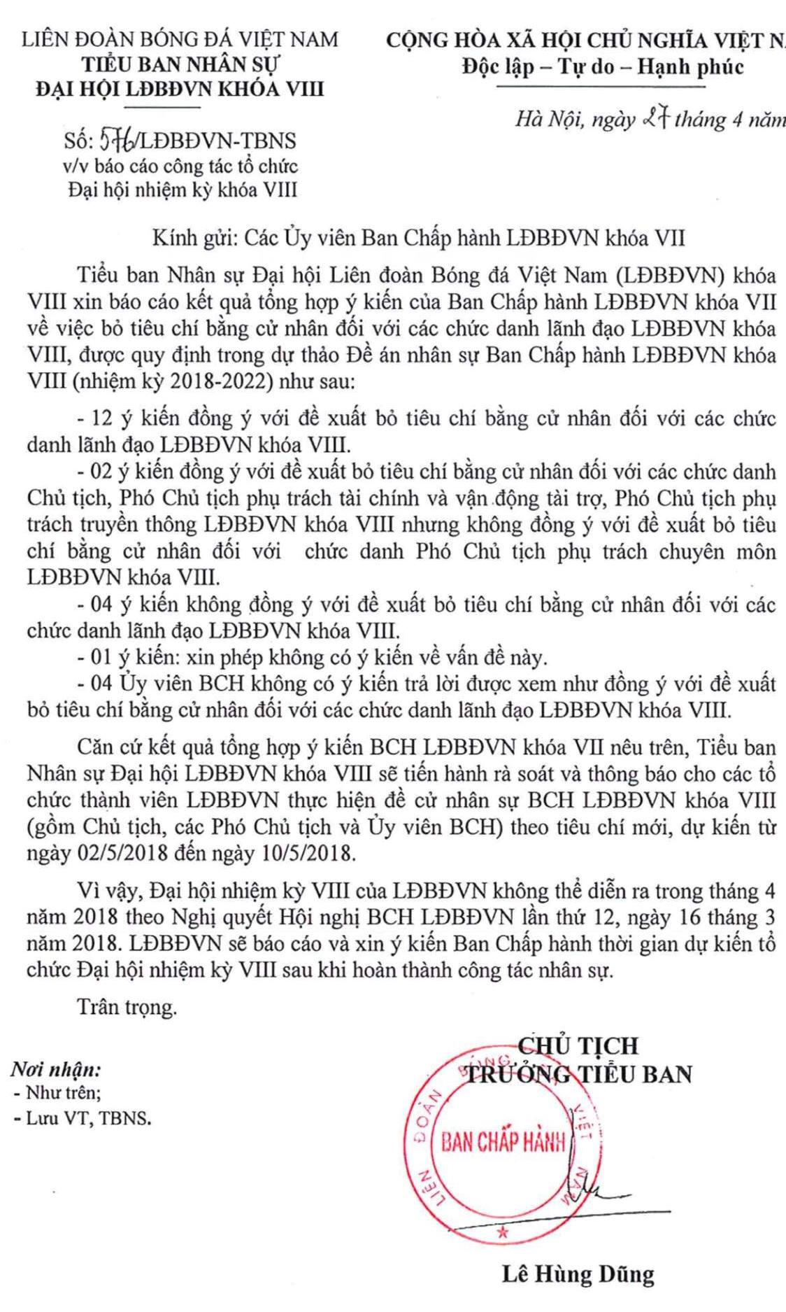 Công văn mới nhất của Tiểu ban nhân sự VFF về việc thông báo bỏ tiêu chí bằng Đại học đối với các ứng viên vào vị trí lãnh đạo VFF nhiệm kỳ VIII.
