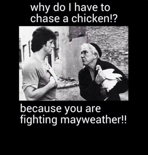 Với những cú né đòn của mình, cư dân mạng chế ảnh với nội dung: "Tại sao cháu phải đuổi theo con gà? Bởi vì cháu thi đấu với Mayweather".