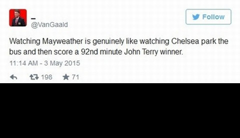 Trên trang cá nhân của mình, HLV của MU là Luis Van Gaal có vài dòng so sánh chiến thuật của Mayweather và Chelsea.