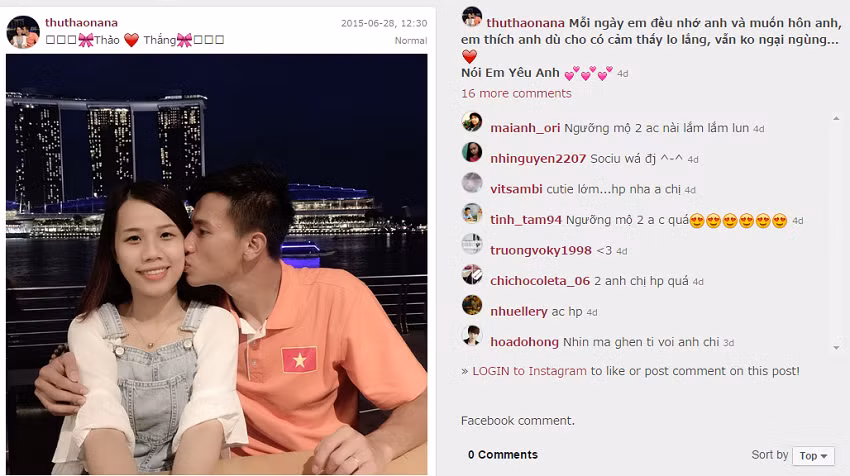 Dòng chia sẻ đầy yêu thương mà Thu Thảo gửi tới Ngọc Thắng trên trang cá nhân Instagram.