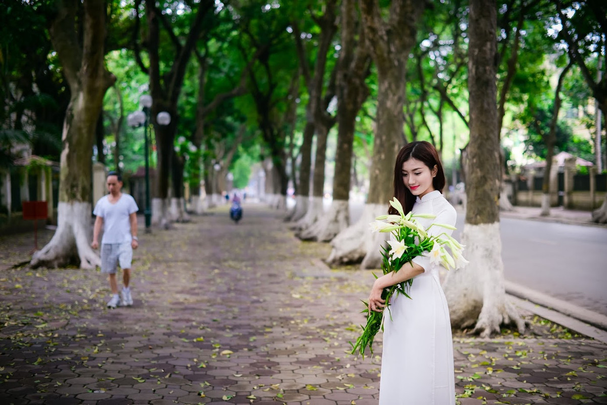 Với hàng cây cổ thụ che phủ và những tia nắng cuối chiều xuyên qua, con đường Phan Đình Phùng là điểm dừng chân không thể lý tưởng hơn với các thiếu nữ muốn có bức hình đẹp với hoa loa kèn.