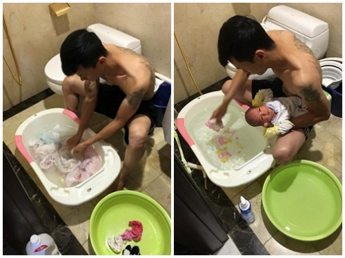 Bên cạnh để lại bình luận và chia sẻ những kỷ niệm về việc chồng giúp vợ trông con, nhiều chị em cũng đăng ảnh khoe "soái ca" trong lòng mình trông con khéo đến nỗi khiến chị em phải ngước mắt ngắm nhìn.