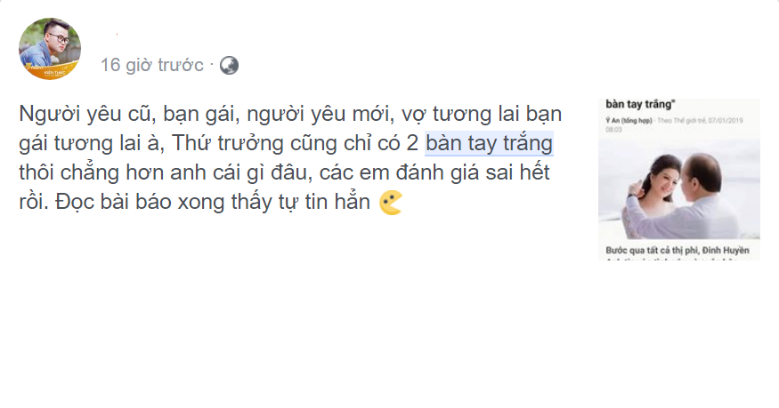Không chỉ chụp lại màn hình link tờ báo chia sẻ về lời phát biểu của vợ vị thứ trưởng trên, các dân mạng đã chia sẻ rất nhiều câu chuyện và lý thuyết sống của mình. Tuy nhiên, điểm trùng hợp là tất cả các dòng trạng thái đều xuất hiện cụm từ "bàn tay trắng".