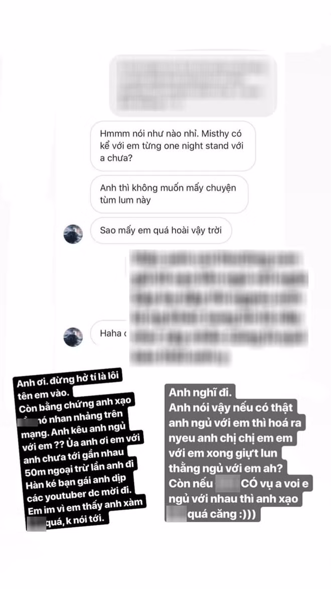 Đứng về phần mình, Misthy bức xúc chia sẻ rằng: "Anh nói vậy nếu có thật anh ngủ với em thì hóa ra, người yêu anh chị chị em em với em xong giựt luôn à?". Cô nàng cũng tiết lộ Kim Phi Long từng comment ở Instagram của mình để làm thân nhưng Misthy không trả lời vì: "Ủa anh ơi mình không có thân".