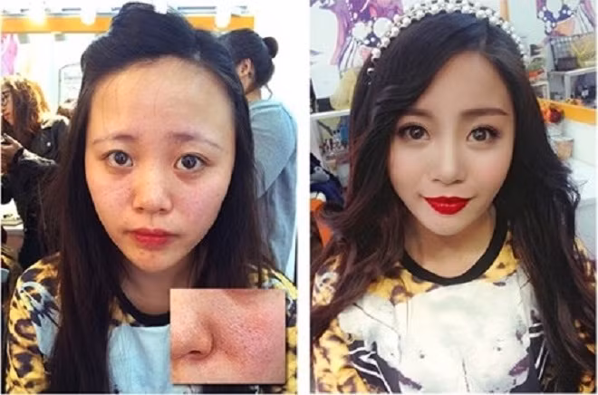 Mặt cô dâu hơi sần sùi nhưng tất cả đã được giải quyết bằng kem nền và phấn phủ. Đôi môi của nàng cũng căng mọng lên trông thấy nữa. Ảnh sử dụng trong bài: Sưu tầm Facebook.