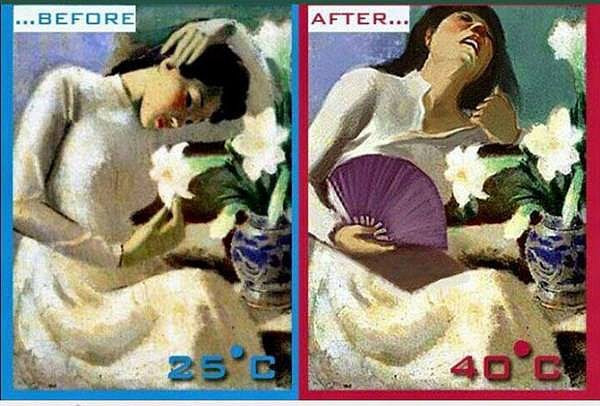 Trước và sau của bức tranh cô gái bên hoa Huệ khi nhiệt độ chạm ngưỡng 40 độ C.