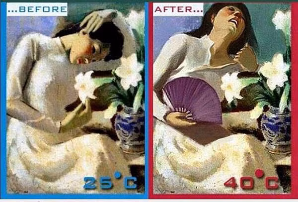Trước và sau của bức tranh cô gái bên hoa Huệ khi nhiệt độ chạm ngưỡng 40 độ C.