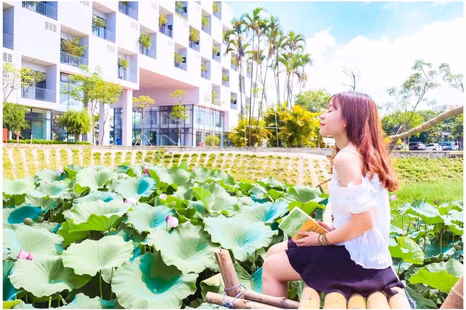 Cuối tháng 5, đầu tháng 6, hầu hết các hồ sen, đầm sen quanh Hà Nội bắt đầu bung nở, khoe sắc hồng tươi hoặc phô bày màu trắng tinh khiết, đẹp dịu dàng như muốn níu chân người. Trong khi rất nhiều người thường chen nhau chụp ảnh ở các đầm sen Tây hồ thì nhiều bạn sinh viên ĐH FPT lại có địa điểm check-in lý tưởng ngay trong khuôn viên trường.