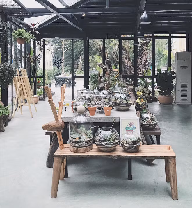 Nếu tầng trệt của quán được trang trí với vô số những chậu cây xanh, không gian mở, tường kính trong veo để nhìn ra tiểu cảnh bên ngoài, thì các tầng trên lại là không gian ngoài trời xinh xắn với những góc nhìn xuống phố, nhìn sang công viên Lý Thái Tổ.