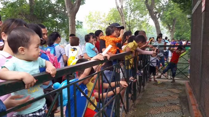 Các ngã đường vào công viên Thủ Lệ đều tắc nghẽn do lượng người và xe quá nhiều. Bãi gửi xe của công viên này luôn trong tình trạng quá tải.