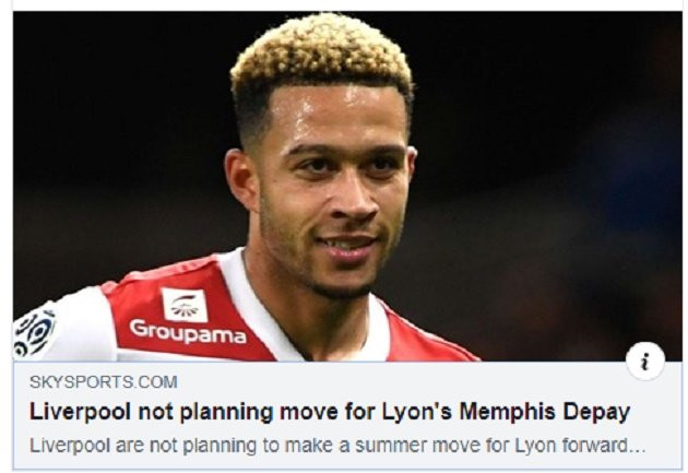 Liverpool được cho là không có kế hoạch ký hợp đồng Memphis Depay dù cầu thủ này thông báo sẽ rời Lyon ngay trong mùa hè.