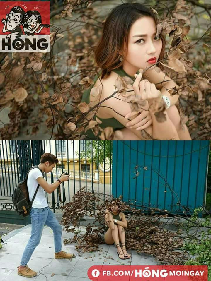 Tranh thủ cành lá chết khô bên đường, đôi bạn trẻ đã cho ra mắt bức ảnh khá nghệ thuật.