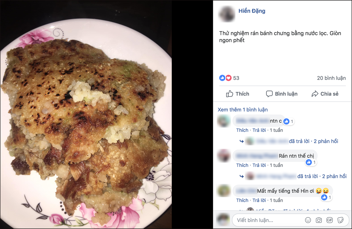 Khi nước bắt đầu cạn thì lật bánh để cả hai mặt đều được giòn. Tổng thời gian rán bánh vào khoảng 1 tiếng với nửa chiếc bánh chưng vuông.