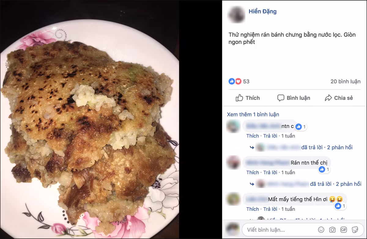 Khi nước bắt đầu cạn thì lật bánh để cả hai mặt đều được giòn. Tổng thời gian rán bánh vào khoảng 1 tiếng với nửa chiếc bánh chưng vuông.