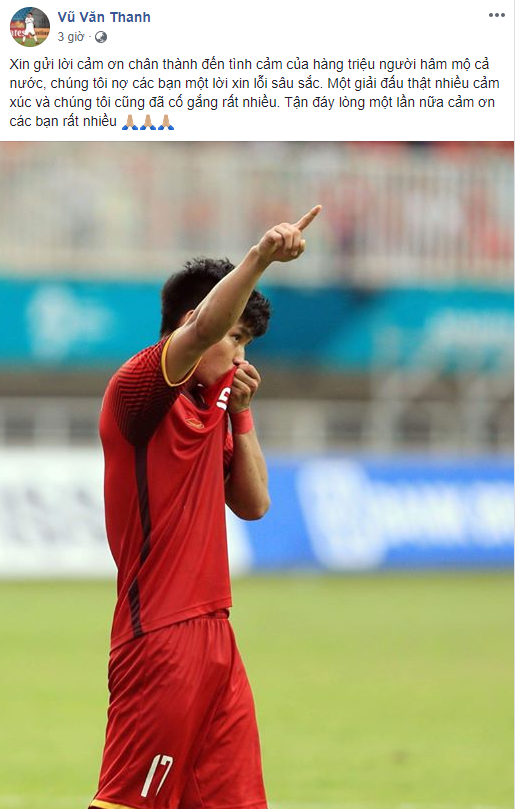 Bên cạnh đó, nhiều cầu thủ đội tuyển U23 Việt Nam cũng không quên lời xin lỗi tới NHM khi không giành được tấm huy chương Asiad như CĐV đã kì vọng.