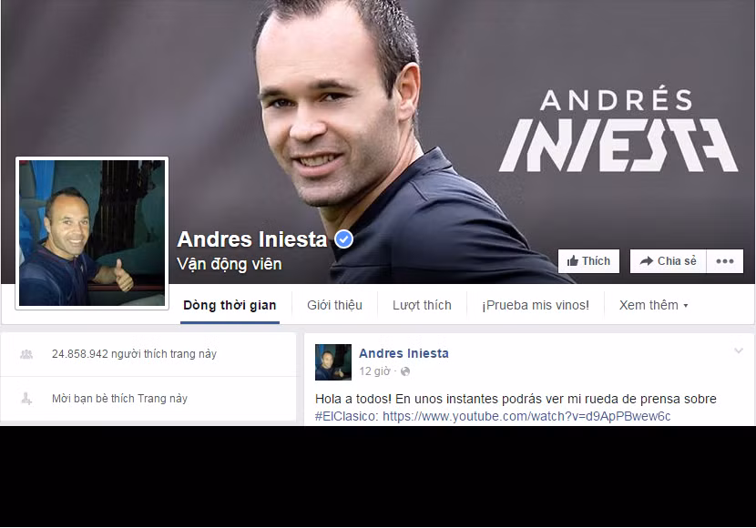 Lão tương Iniesta của Barcelona có hơn 24 triệu người theo dõi trên trang các nhân của mình.