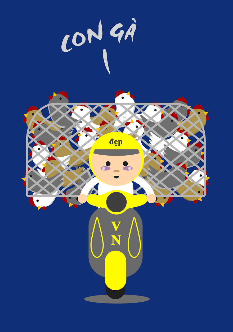 Trong mắt hoạ sĩ nước ngoài, người tham gia giao thông Việt Nam thật phi thường, chở rất nhiều thứ mà tay lái vẫn vững.