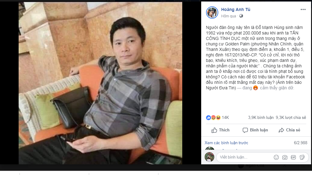 Thậm chí còn có các nickname kêu gọi đăng tải bức ảnh của Đỗ Mạnh Hùng để tẩy chay nhân vật này và tránh những trường hợp tấn công tình dục tiếp theo xảy ra.