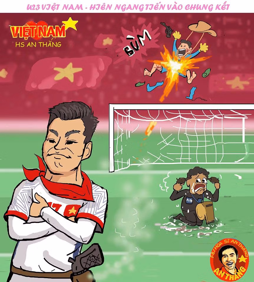 Bắn hạ U23 Qatar trong loạt "đấu súng", với "phát đạn" quyết định của Vũ Văn Thanh, U23 Việt Nam hiên ngang tiến vào chung kết, giống hệt tư thế ăn mừng của hậu vệ quê gốc Hải Dương.