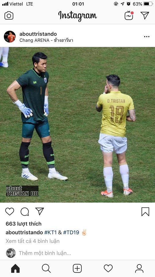 Trái ngược với chiến thắng của cầu thủ đội tuyển Việt Nam, thì tiền vệ Tristan Do của Thái Lan lại không nói nhiều chỉ chia sẻ ảnh.