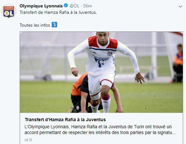 Juventus đã chính thức ký hợp đồng với sản phẩm của lò đào tạo trẻ CLB Lyon, Hamza Rafia với giá 400.000 euro. Không những vậy, số tiền đội bóng thành Turin bỏ ra có thể sẽ lên đến 5 triệu euro nếu Rafia đạt được các thành tích nhất định.