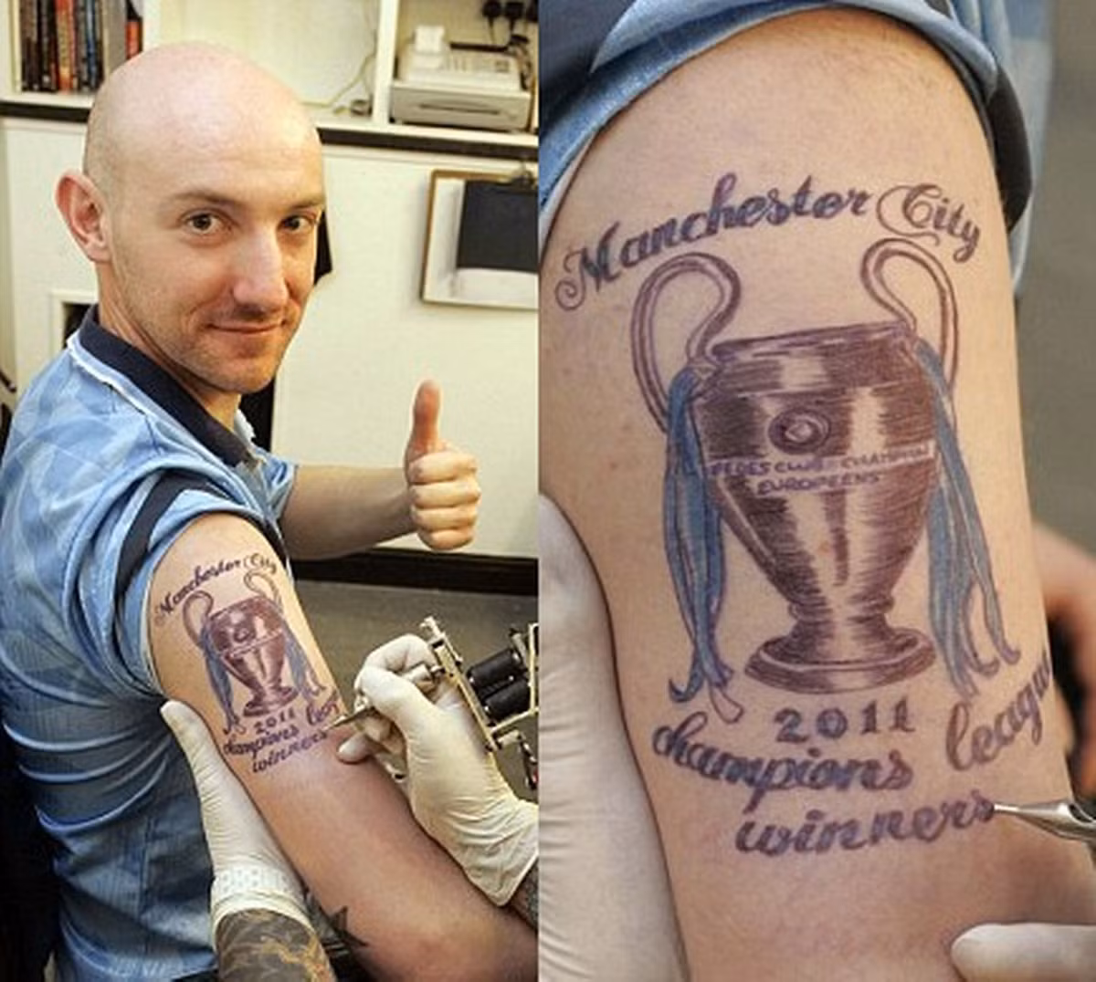 Một fan Man City ăn mừng chức vô địch Premier League của CLB này bằng một hình xăm trên cánh tay.