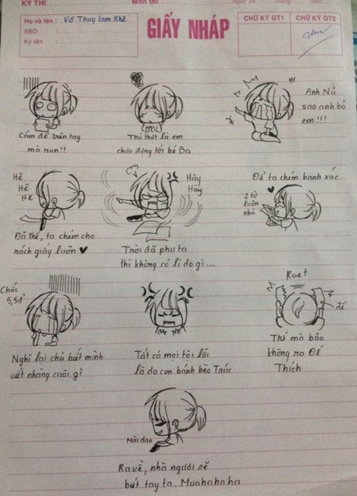 Sự hài hước của học trò được thể hiện sinh động qua những tờ giấy nháp.